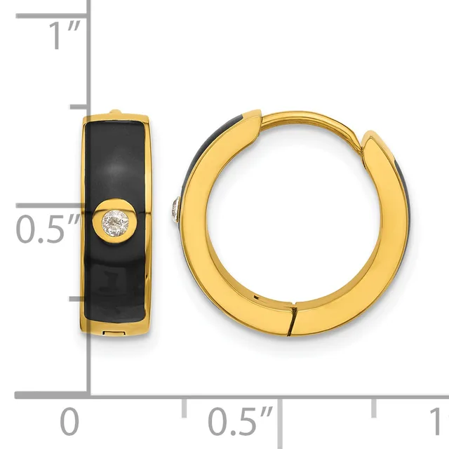 Gold hoop earrings with black onyx inlay and a small round diamond accent, shown from front and side views with measurement scale.