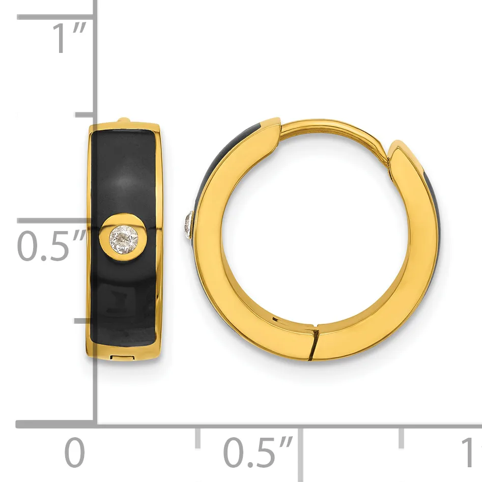 Gold hoop earrings with black onyx inlay and a small round diamond accent, shown from front and side views with measurement scale.