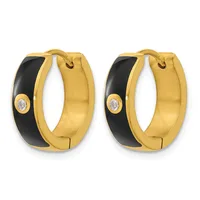 A pair of gold hoop earrings with black enamel coating and small diamond accents, shown from the front against a white background.