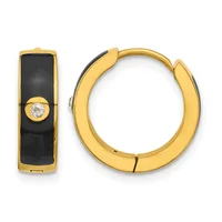 Gold-plated huggie hoop earrings with black enamel panels and a single round diamond accent, shown from front and side views.