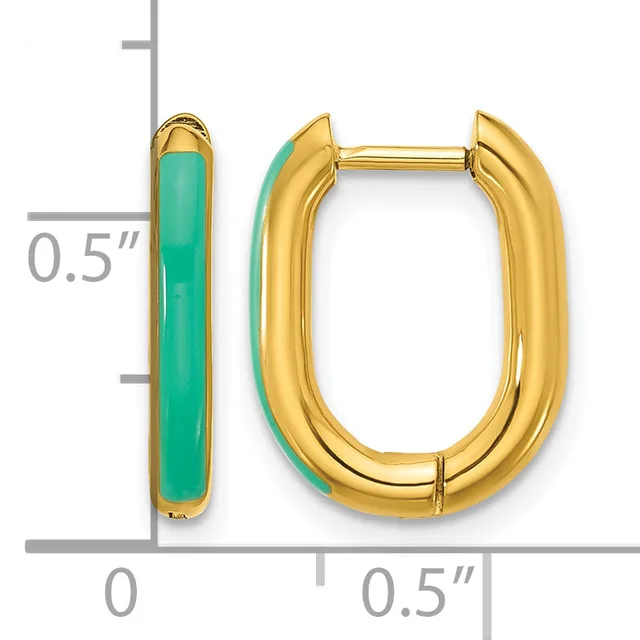Gold-plated huggie hoop earrings with turquoise enamel inlay, shown next to a ruler indicating approximately 0.5 inches in length.