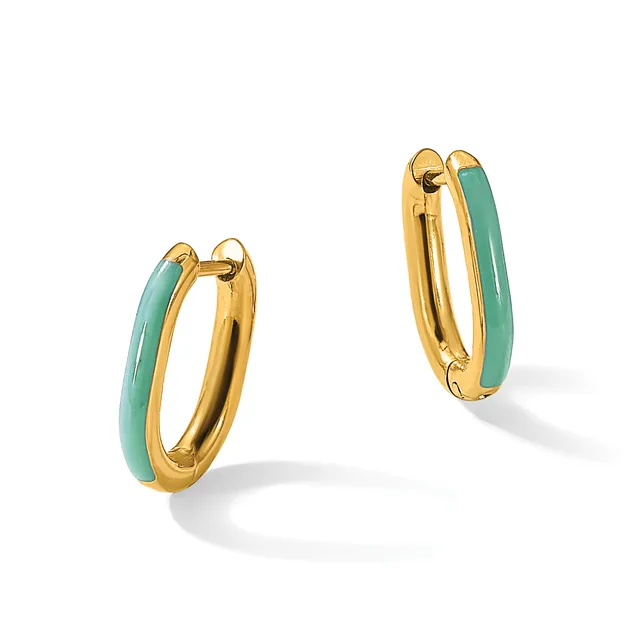 A pair of gold hoop earrings with turquoise inlay on the outer surface, shown from front and side angles.