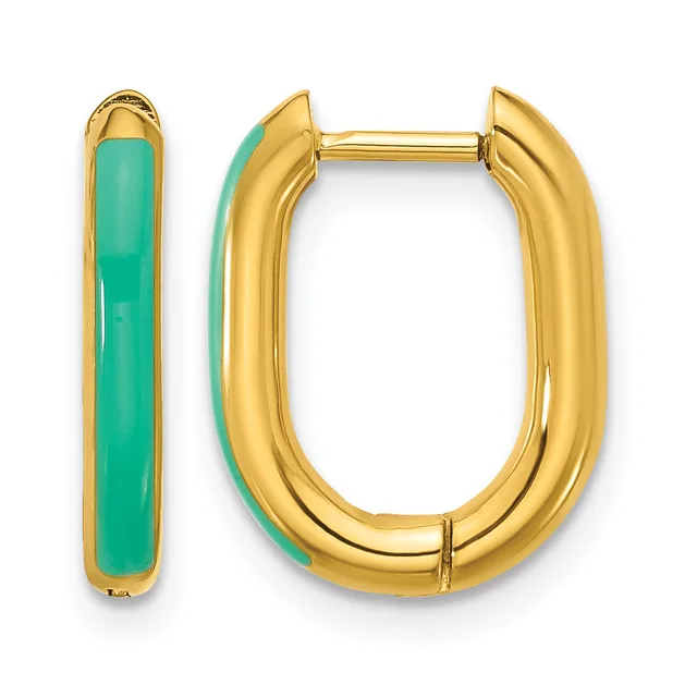 Pair of gold-colored oval hoop earrings with green enamel inlay on the inner surface, shown from front and side views.