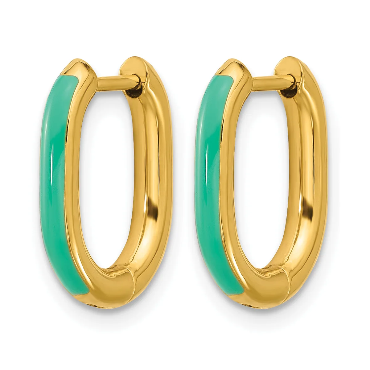 Pair of gold-colored hoop earrings with turquoise enamel inlay on the outer surface, shown against a white background.