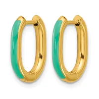 Pair of gold-colored hoop earrings with turquoise enamel inlay on the outer surface, shown against a white background.
