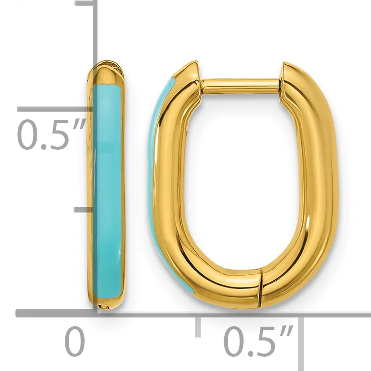 Pair of gold-toned hinged hoop earrings with turquoise enamel inlay on the inner surface, shown with measurement scale indicating approximately 0.5 inches in height and width.