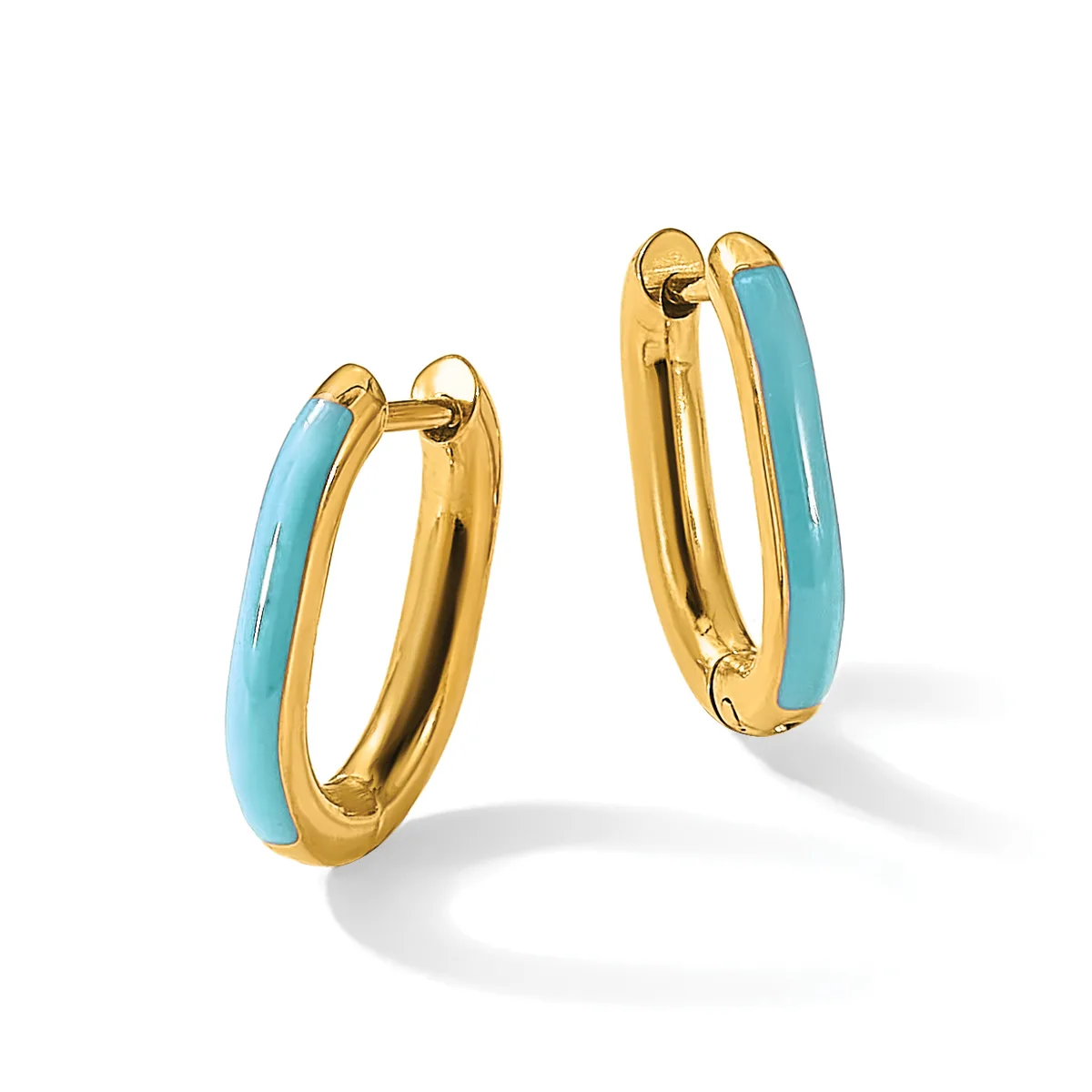 A pair of gold hoop earrings with turquoise enamel inlay on the outer surface, shown from a front angle view.