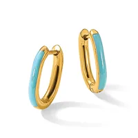 A pair of gold hoop earrings with turquoise enamel inlay on the outer surface, shown from a front angle view.