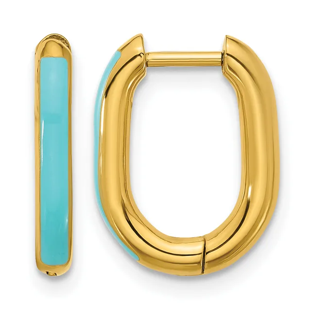 A pair of gold-colored hoop earrings with turquoise enamel inlay shown from front and side views.
