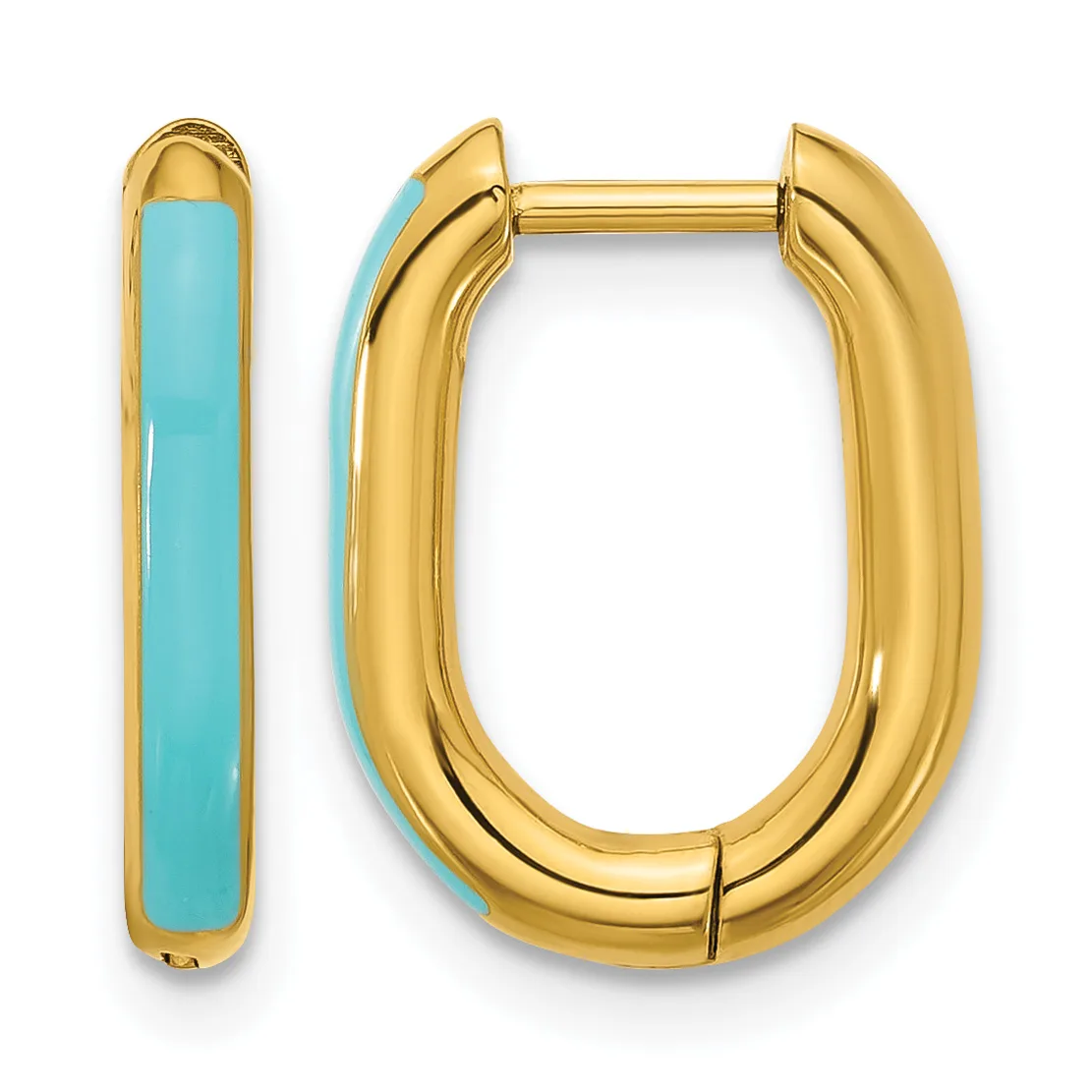 A pair of gold-colored hoop earrings with turquoise enamel inlay shown from front and side views.