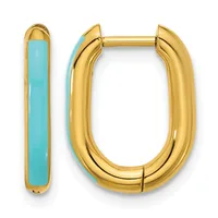 A pair of gold-colored hoop earrings with turquoise enamel inlay shown from front and side views.