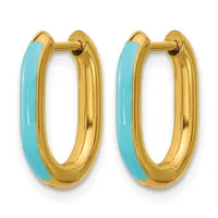 A pair of gold hoop earrings with turquoise enamel coating on the front half of each hoop.