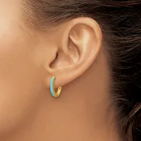 A person wearing a two-tone hoop earring with turquoise and gold coloring in their pierced earlobe.
