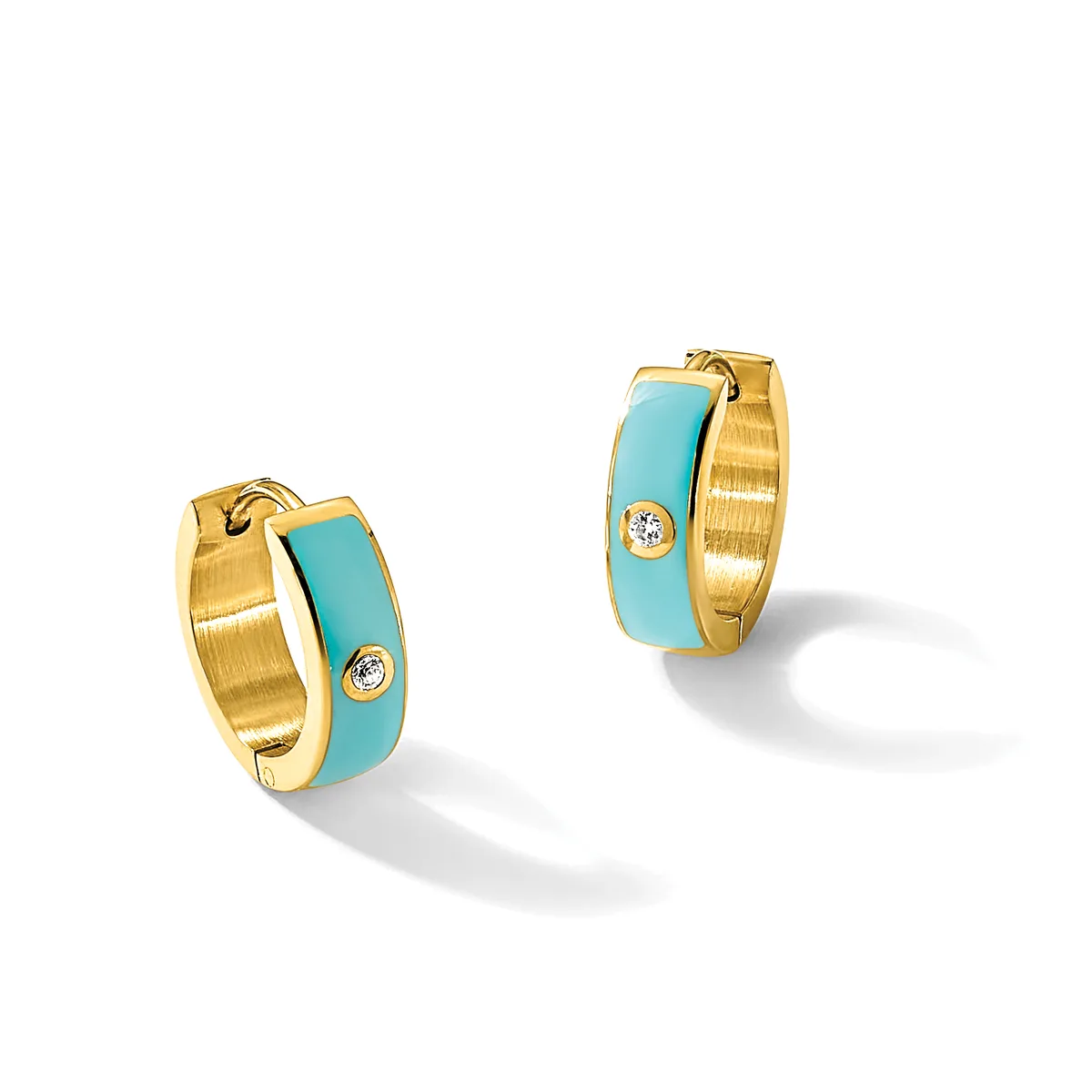A pair of gold hoop earrings with turquoise enamel panels and small diamond accents, shown from front and angled views.