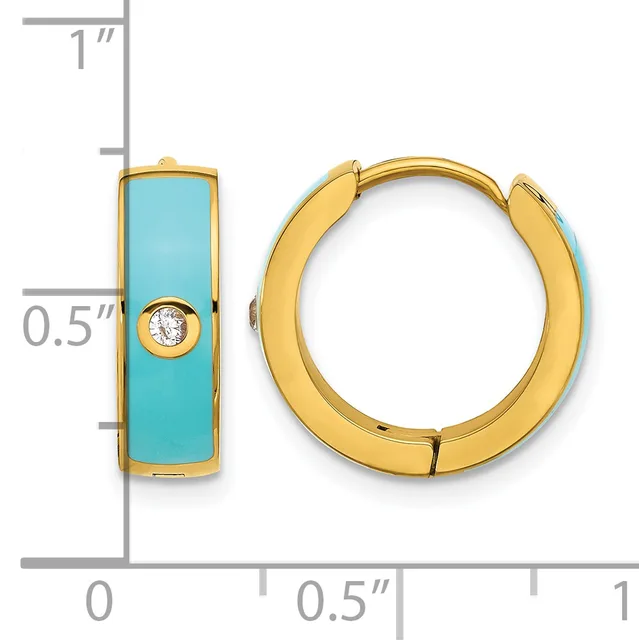 Gold-plated huggie earrings with turquoise enamel panels and white crystal accents, shown front and side view with a measurement scale.