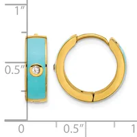 Gold-plated huggie earrings with turquoise enamel panels and white crystal accents, shown front and side view with a measurement scale.