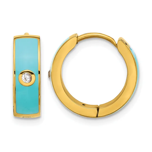 Gold hoop earrings with turquoise enamel panels and a single diamond accent, shown from front and side views.