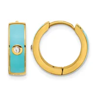 Gold hoop earrings with turquoise enamel panels and a single diamond accent, shown from front and side views.