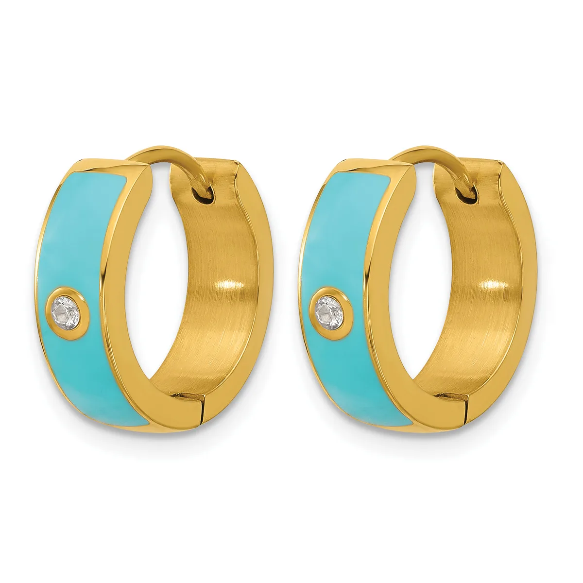 A pair of gold hoop earrings with turquoise enamel inlay and small diamond accents, shown from the front.