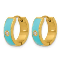 A pair of gold hoop earrings with turquoise enamel inlay and small diamond accents, shown from the front.