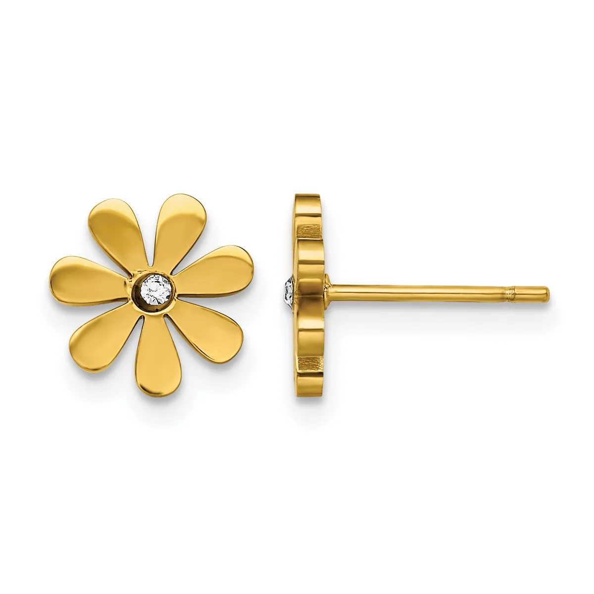 Pair of gold flower stud earrings with seven petals and a round diamond center stone, shown from front and side views.