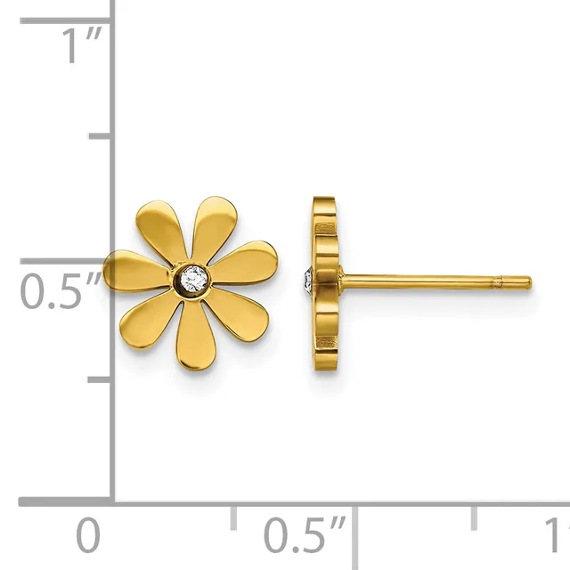 Gold flower stud earrings with six petals and a small diamond center, shown from front and side view against a measurement scale.