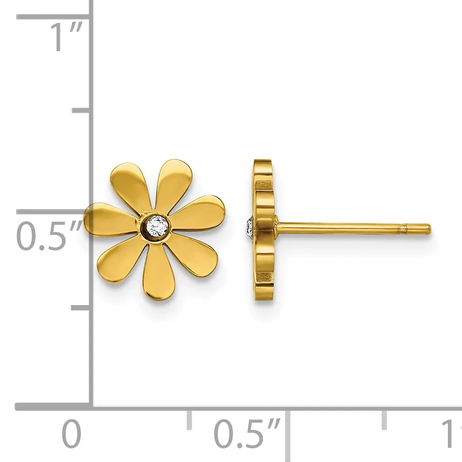 Gold flower stud earrings with six petals and a small diamond center, shown from front and side view against a measurement scale.
