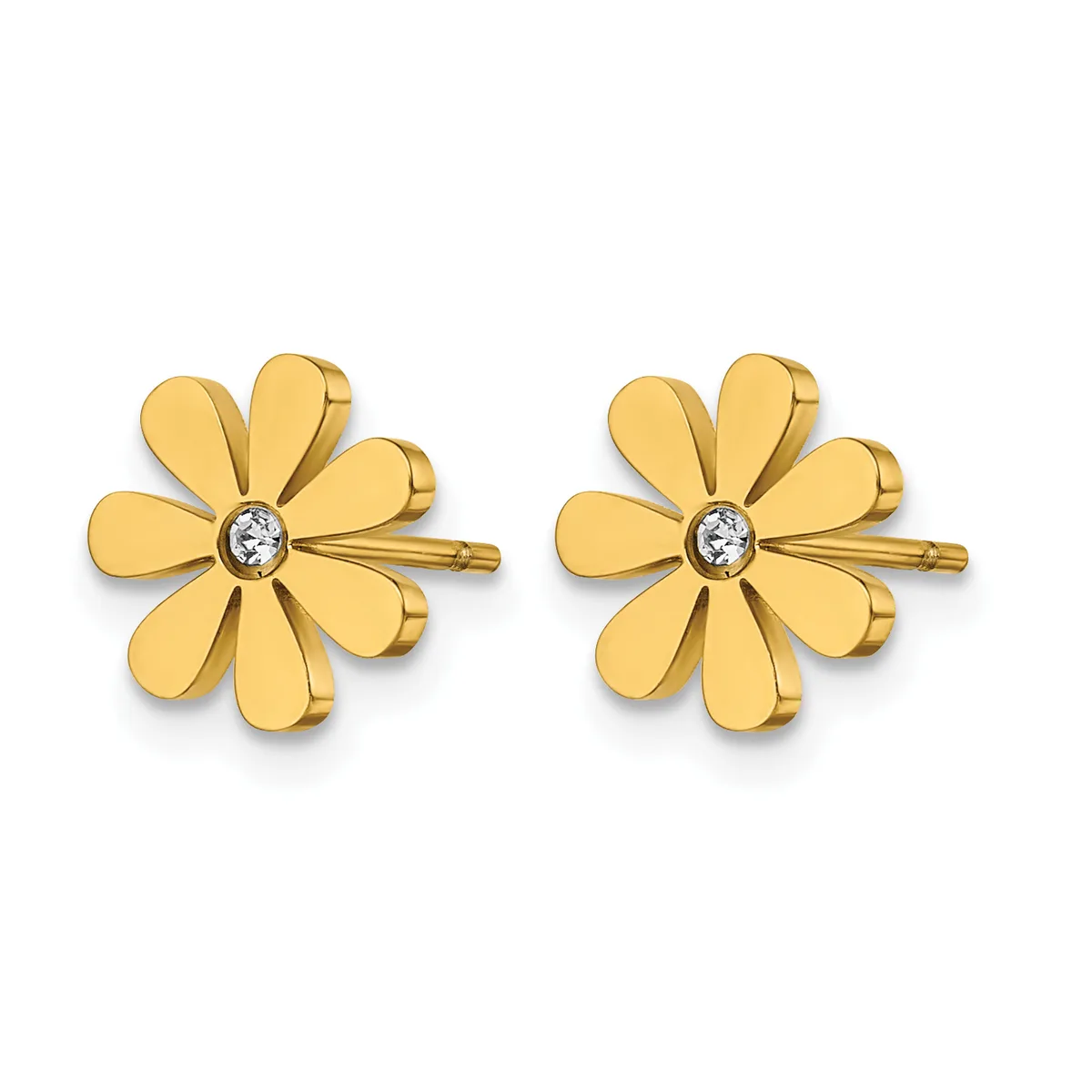 A pair of gold flower stud earrings, each with eight rounded petals surrounding a center diamond, shown from the front.