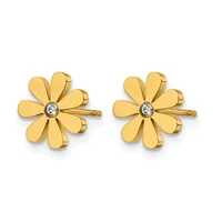 A pair of gold flower stud earrings, each with eight rounded petals surrounding a center diamond, shown from the front.
