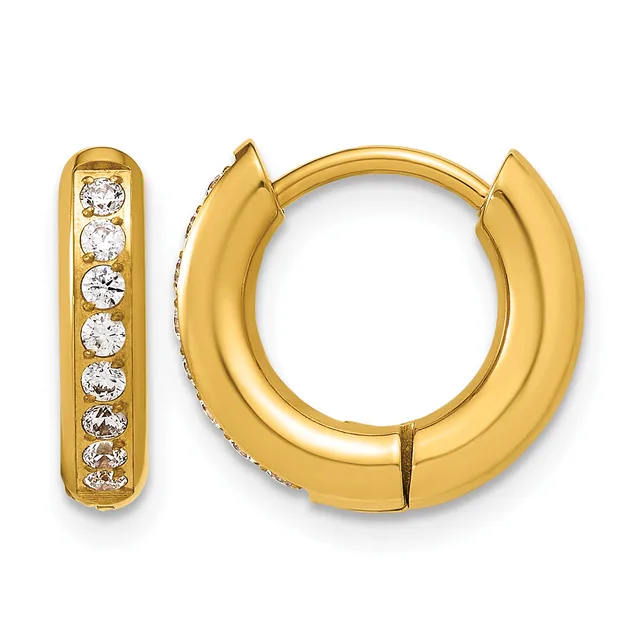 A pair of gold hoop earrings with a polished finish and channel-set round cubic zirconia stones along the inner edges, shown from the front.