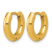 A pair of polished gold-colored chunky hoop earrings with a smooth curved surface and hinged closures.