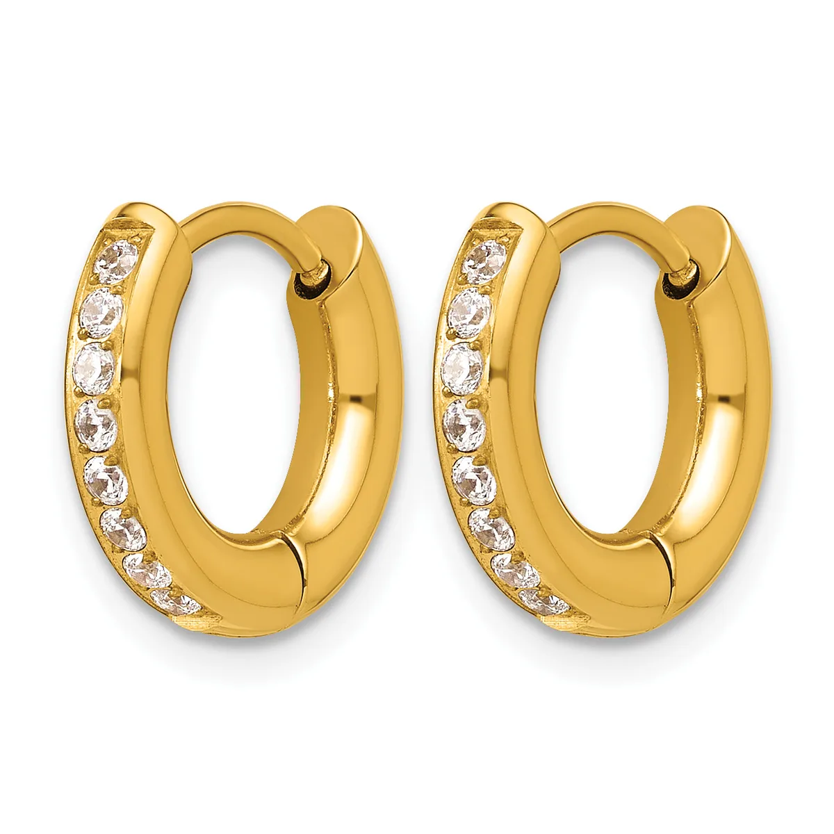 A pair of gold huggie hoop earrings with diamond accents along the outer edge, shown from the front.