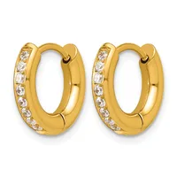 A pair of gold huggie hoop earrings with diamond accents along the outer edge, shown from the front.