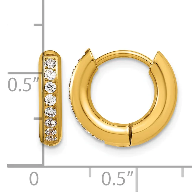Gold-plated hoop earrings with cubic zirconia stones set along the front, displayed with a measurement scale showing 0.5 inch height.