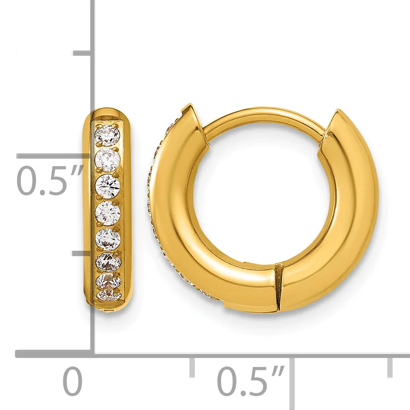 Gold-plated hoop earrings with cubic zirconia stones set along the front, displayed with a measurement scale showing 0.5 inch height.