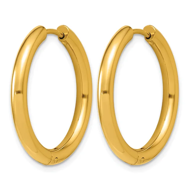 A pair of polished gold hoop earrings with a smooth, rounded profile and hinged closures, shown against a white background.