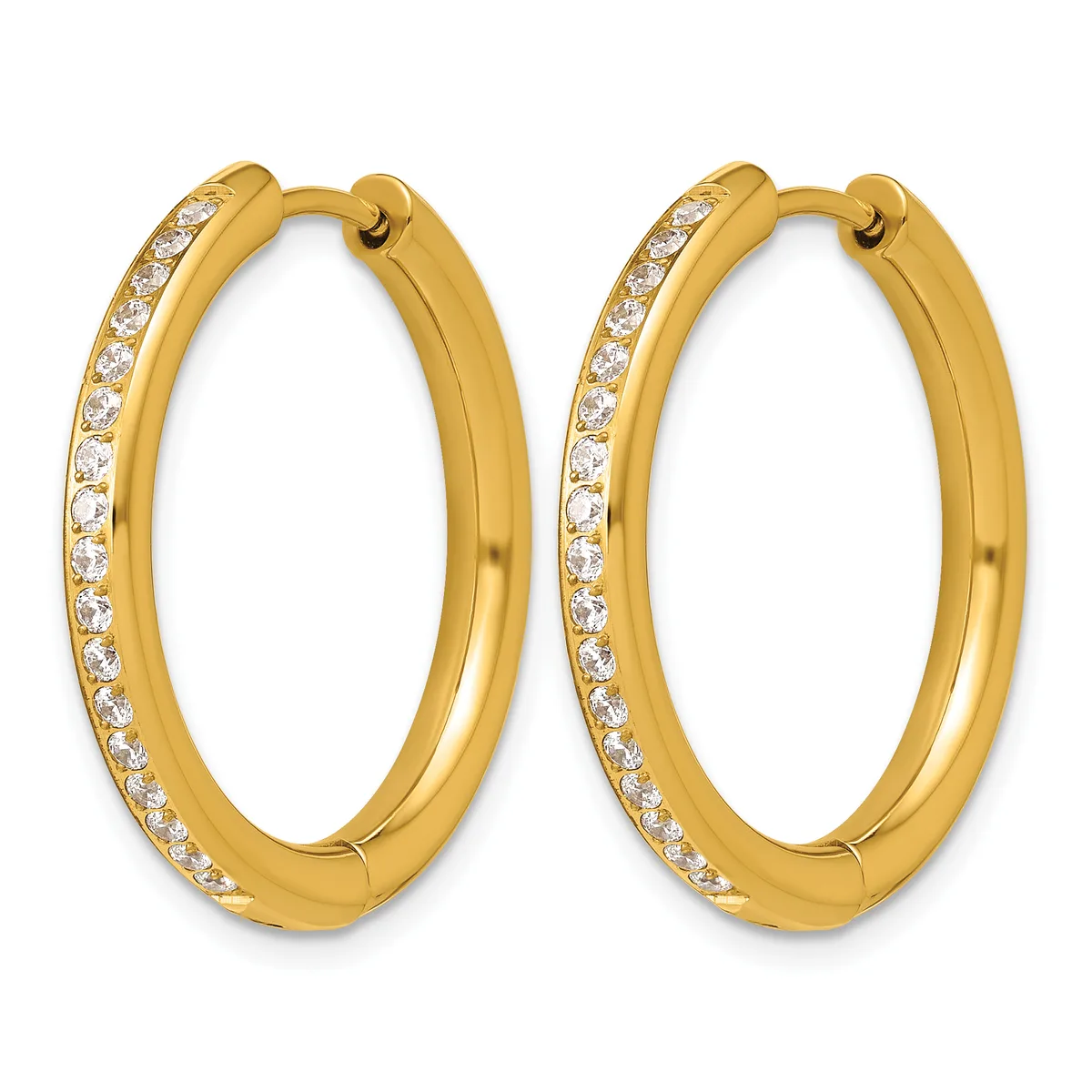 Pair of gold hoop earrings with diamond accents along one side, shown against a white background.