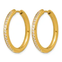Pair of gold hoop earrings with diamond accents along one side, shown against a white background.