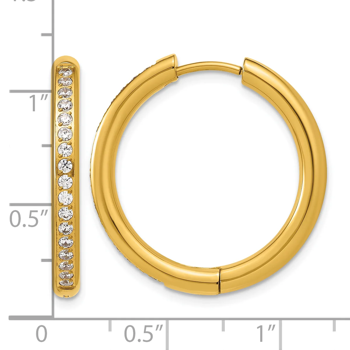 Gold hoop earrings with a hinged clasp, featuring a single row of round diamonds set along the outer edge, displayed next to a ruler showing approximately one inch in length.