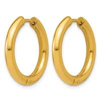 Pair of polished gold-toned hoop earrings with hinged closures, displayed against a white background.