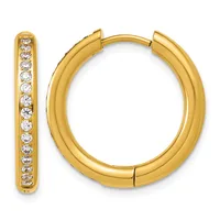 A pair of gold hoop earrings with a hinged closure, one displaying a row of round white diamonds set along its inner surface.