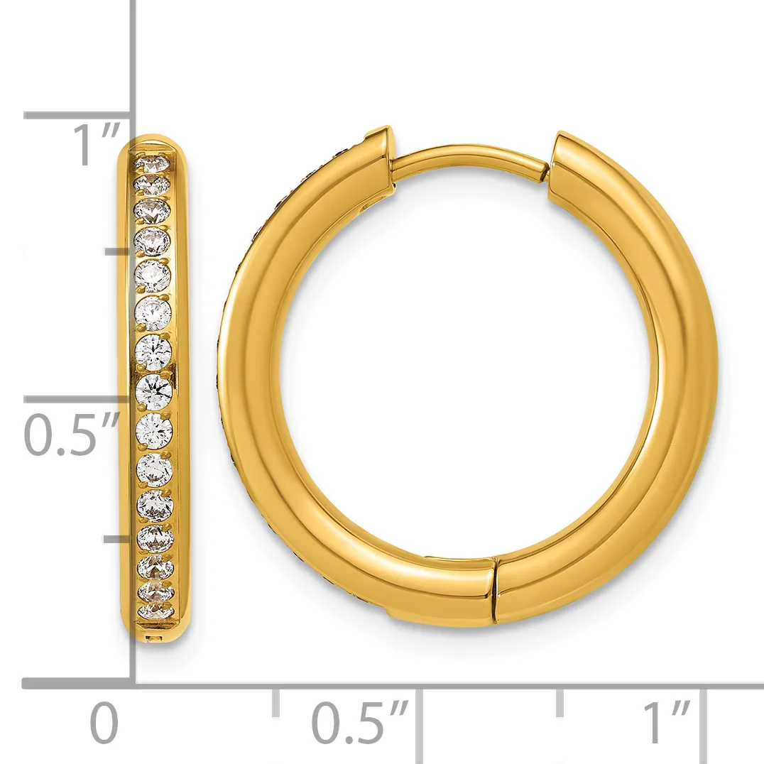 Gold hoop earrings with diamond accents along the inner edge, shown against a ruler displaying dimensions of approximately one inch in height and half inch in width.