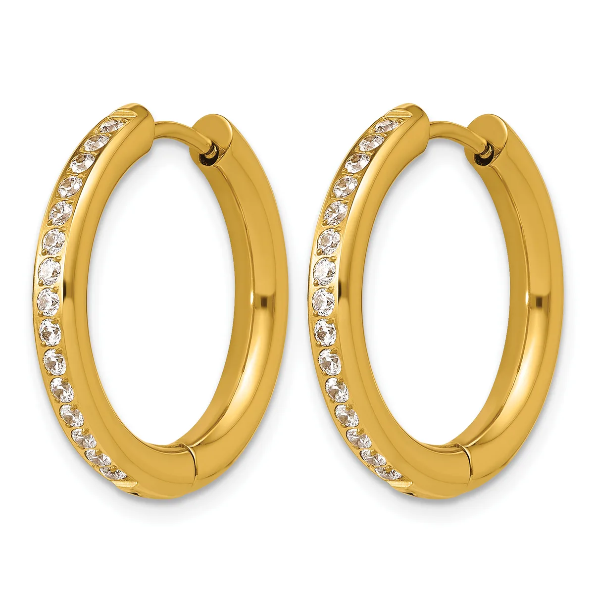 Pair of gold hoop earrings with diamond accents along one side, shown against a white background.