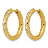 Pair of gold hoop earrings with diamond accents along one side, shown against a white background.