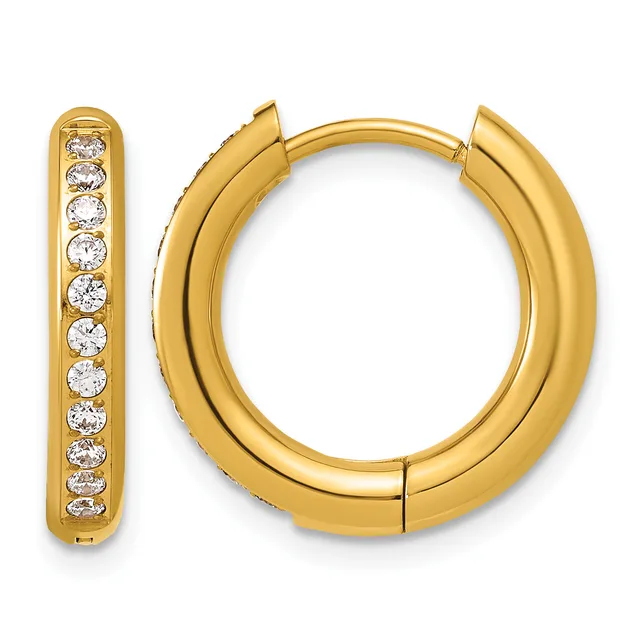 A pair of gold-plated hoop earrings with cubic zirconia stones set along the front surface, shown from the front view.