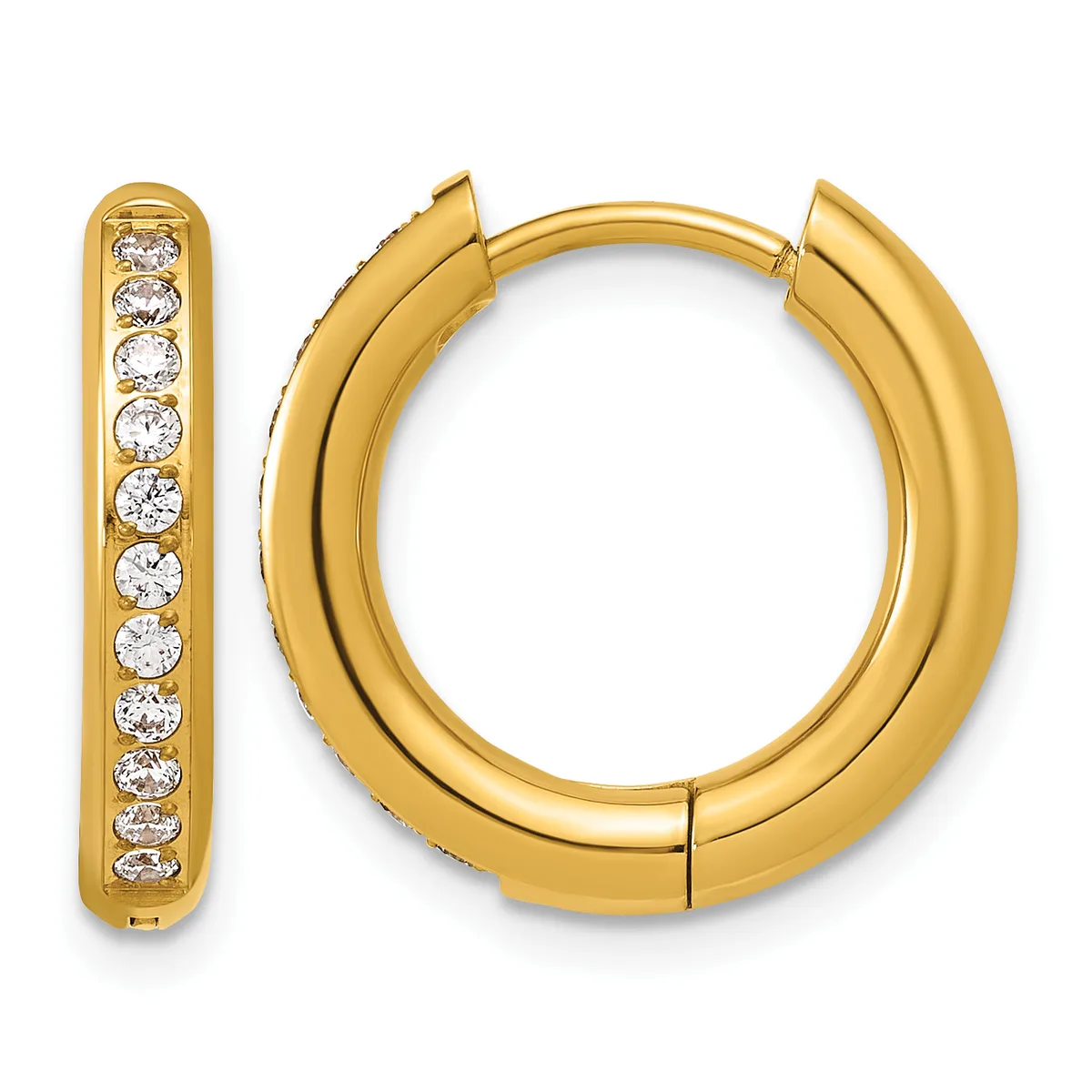 A pair of gold-plated hoop earrings with cubic zirconia stones set along the front surface, shown from the front view.