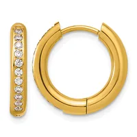 A pair of gold-plated hoop earrings with cubic zirconia stones set along the front surface, shown from the front view.