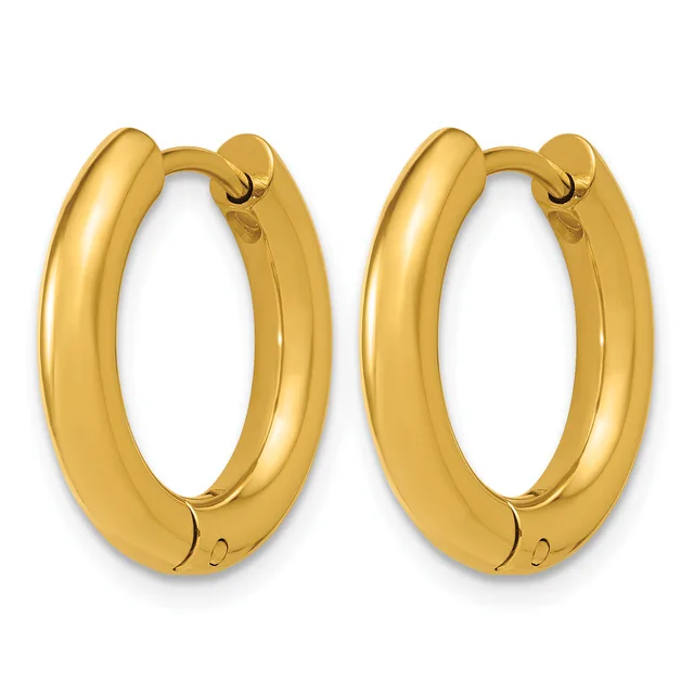 A pair of polished gold hoop earrings with a chunky, rounded profile and hinged closures.