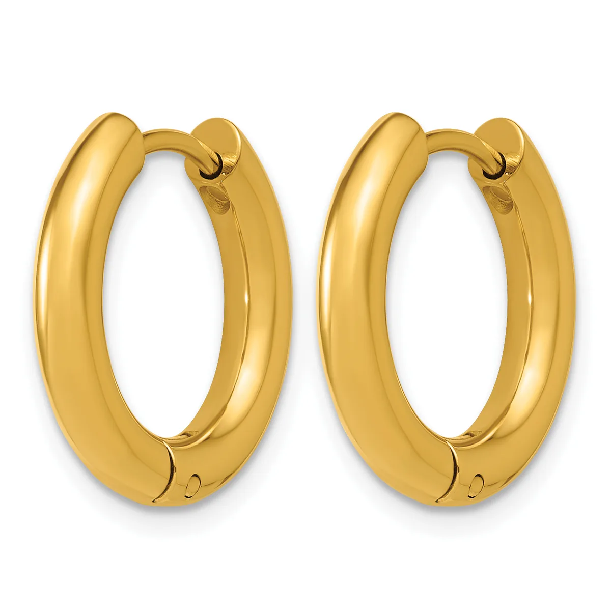 A pair of polished gold hoop earrings with a chunky, rounded profile and hinged closures.