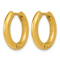 A pair of polished gold hoop earrings with a chunky, rounded profile and hinged closures.